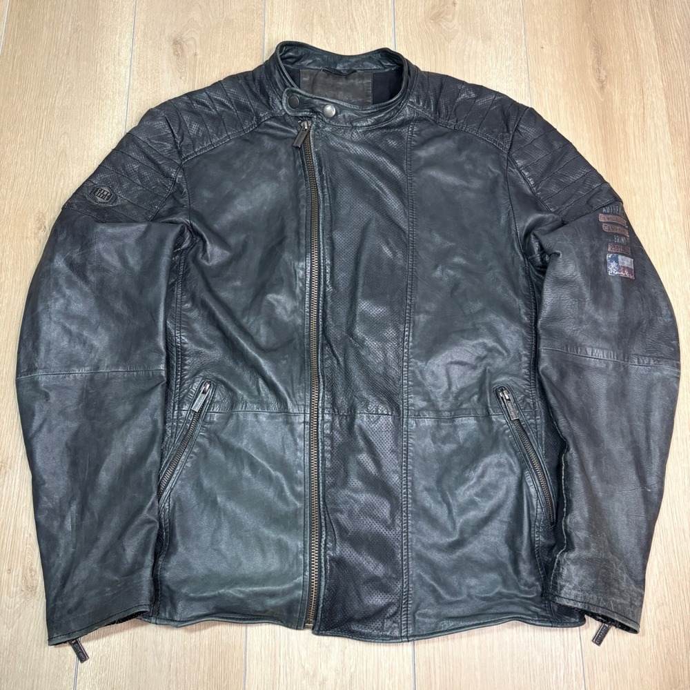 Camp David‎ Mens Black Leather Biker Jacket Perforated Moto Cafe Racer XL